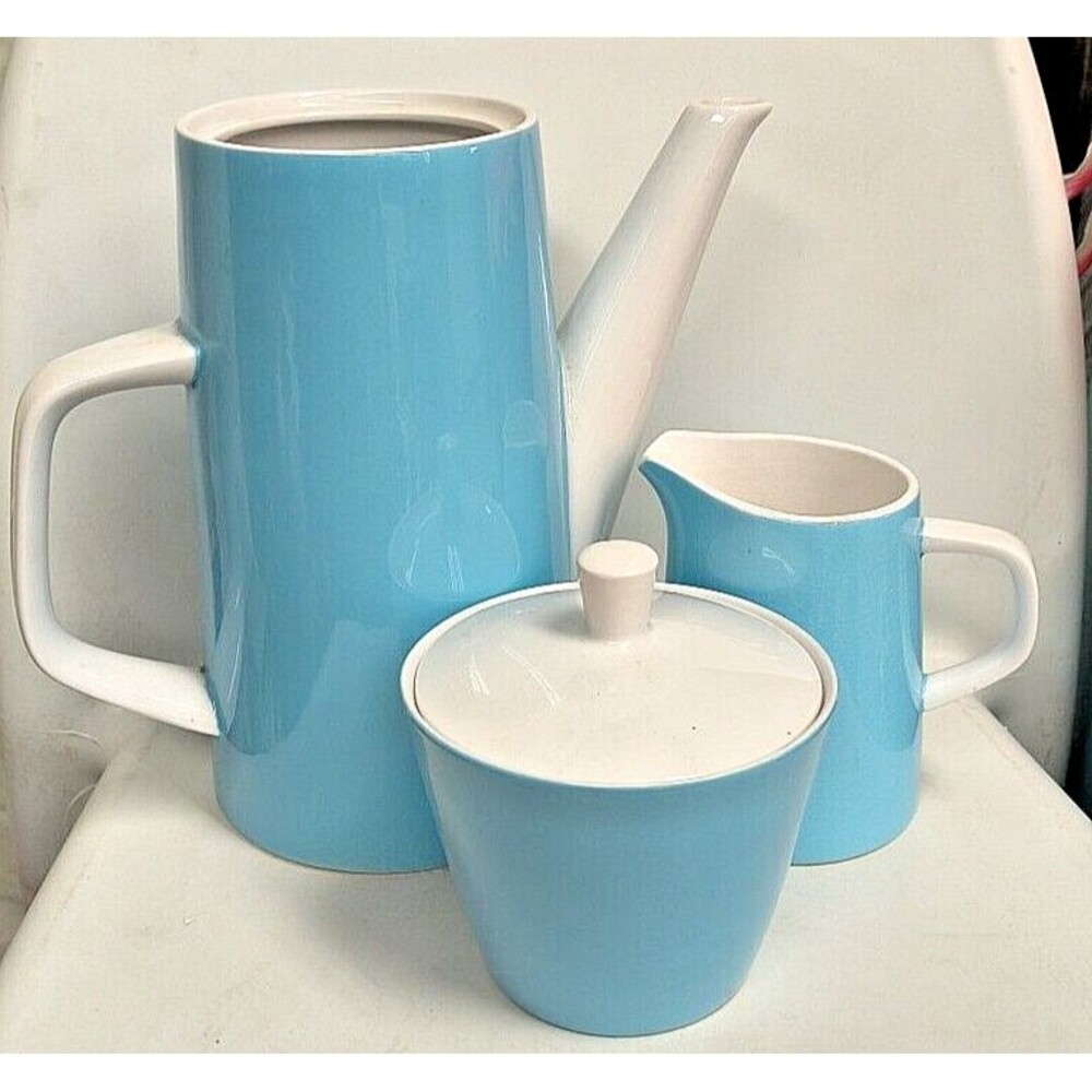 Mid Century Coffee/Tea Set, Vintage Mikasa Cera Stone Maggi Blue & White Collec